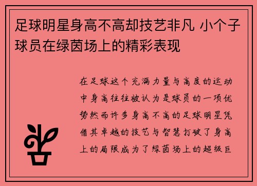足球明星身高不高却技艺非凡 小个子球员在绿茵场上的精彩表现