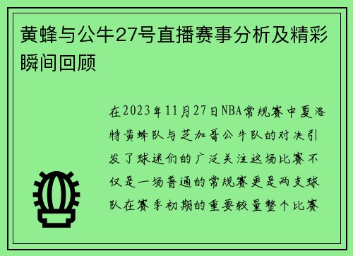 黄蜂与公牛27号直播赛事分析及精彩瞬间回顾