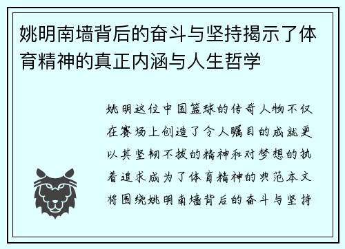 姚明南墙背后的奋斗与坚持揭示了体育精神的真正内涵与人生哲学